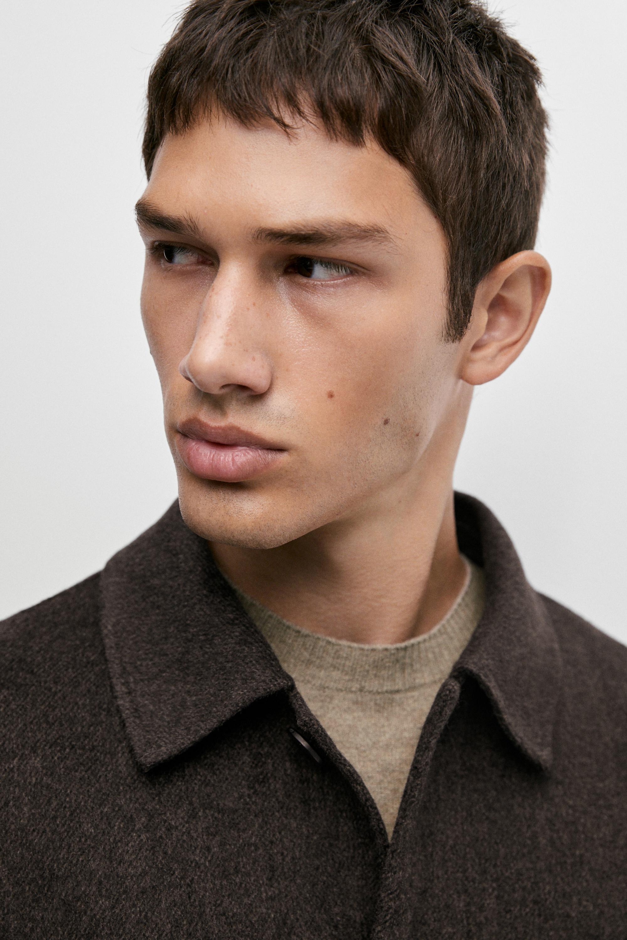 Short suede double-weave wool-blend coat